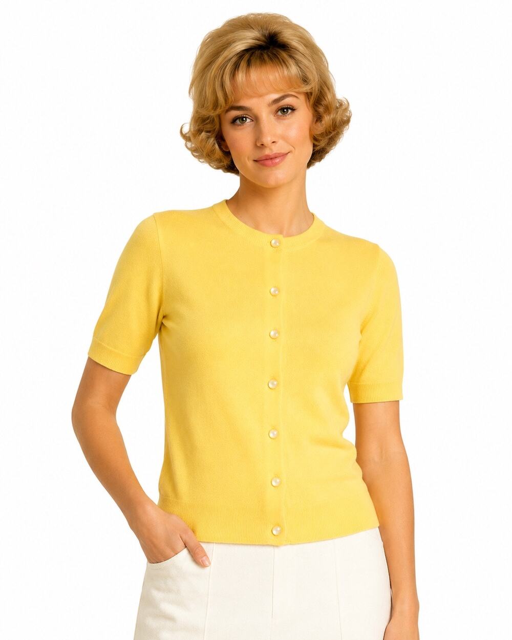 1960s Ban-Lon by Mademoiselle Fifth Ave Yellow Nylon Cardigan M Top USA NWT